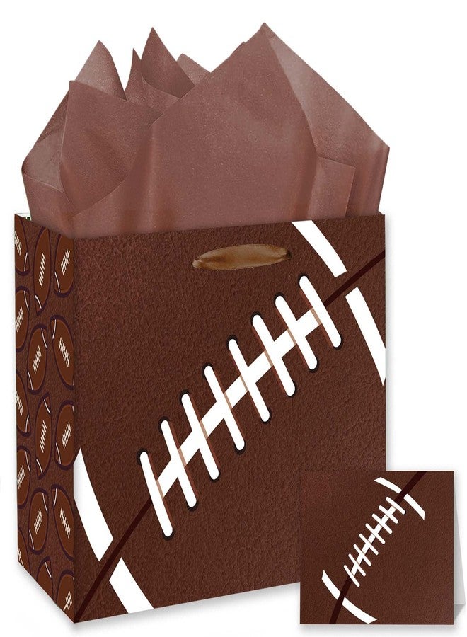 GOLDCROW Large Football Gift Bag with Greeting Card Tissue Paper Birthday Gift Bag for Boys Teens kids – Football Goodie Bags for Team Snacks – Medium Brown Paper Gift Bags with Handles for Sports Party - Image 1